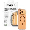 Przezroczyste etui na telefon z czarnym okręgiem na środku, obok opakowania z napisem "CARE by PanzerGlass URBAN EXPLORER CASE For Apple iPhone 17 Pro Max". Na opakowaniu widnieją dodatkowe informacje: "1 YEAR ANTI-YELLOWING GUARANTEE", "MagSafe compatibl