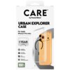 Opakowanie produktu z napisem "CARE by PanzerGlass" oraz "URBAN EXPLORER CASE For Apple iPhone 17 Pro Max". Widoczne są ikony z informacjami: "1 YEAR ANTI-YELLOWING GUARANTEE", "MagSafe compatible", "4.8 meter drop tested", "Slim yet strong", "Enhanced ca