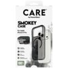 Opakowanie produktu z napisem "CARE by PanzerGlass" oraz "SMOKEY CASE For Apple iPhone 17 Pro" przedstawia przezroczysto-czarne etui na telefon z widocznymi funkcjami: kompatybilność z MagSafe, test upadku z 4,8 metra, smukłość i wzmocnioną ochronę aparat