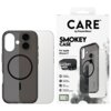 Przezroczysto-czarne etui na telefon z okrągłym wzorem, obok opakowanie z napisem "CARE by PanzerGlass SMOKEY CASE For Apple iPhone 17". Na opakowaniu widoczne są ikony i teksty: "MagSafe compatible", "4.8 meter drop tested", "Slim yet strong", "Enhanced 