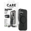 Opakowanie i etui do telefonu z napisem "CARE by PanzerGlass SMOKEY CASE For Apple iPhone 17" oraz "SOPHISTICATED SMOKEY BLACK". Widoczne są również ikony i napisy: "MagSafe compatible", "4.8 meter drop tested", "Slim yet strong", "Enhanced camera protect