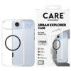 Przezroczyste etui z czarnym okręgiem na tył telefonu, obok opakowanie z napisem "CARE by PanzerGlass URBAN EXPLORER CASE For Apple iPhone 17 Air". Na opakowaniu widoczne są informacje: "1 YEAR ANTI-YELLOWING GUARANTEE", "MagSafe compatible", "4.8 meter d