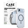 Przezroczyste etui na telefon z czarnym okręgiem na środku, obok opakowanie z napisem "CARE by PanzerGlass URBAN EXPLORER CASE For Apple iPhone 17 Air". Na opakowaniu widoczne są informacje: "1 YEAR ANTI-YELLOWING GUARANTEE", "MagSafe compatible", "4.8 me
