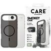 Na zdjęciu widoczne jest przezroczysto-czarne etui na telefon z okrągłym wzorem, obok którego znajduje się opakowanie z napisem "CARE by PanzerGlass SMOKEY CASE For Apple iPhone 17 Air". Na opakowaniu wymienione są cechy produktu: "MagSafe compatible", "4