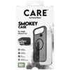 Opakowanie produktu z napisem "CARE by PanzerGlass" oraz "SMOKEY CASE For Apple iPhone 17 Air" przedstawia przezroczysto-czarne etui z funkcją MagSafe, testowane na upadki z wysokości 4,8 metra, smukłe i wytrzymałe, z ulepszoną ochroną aparatu. Na dole wi