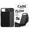 Czarne etui na telefon z widocznym napisem "CARE" na dolnej części, obok opakowanie z tekstem: "CARE by PanzerGlass FLOW BLACK For Apple iPhone 17 Air TACTILE METAL BUTTONS". Na opakowaniu znajdują się również ikony z napisami: "MagSafe compatible", "2.4-