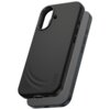 Czarne etui na telefon z wycięciem na aparat i przyciski boczne, z widocznymi napisami "CARE" oraz "by PanzerGlass". Produkt ma gładką powierzchnię z delikatnymi żłobieniami.