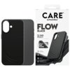 Czarne etui na telefon z wycięciem na aparat, obok opakowanie z napisem "CARE by PanzerGlass FLOW BLACK For Apple iPhone 17". Na opakowaniu widoczne są dodatkowe informacje: "TACTILE METAL BUTTONS", "MagSafe compatible", "2.4-meter drop test", "Slim yet s