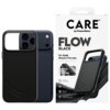 Czarne etui na telefon z dużym wycięciem na aparat, obok opakowanie z napisem "CARE by PanzerGlass FLOW BLACK For Apple iPhone 17 Pro Max" oraz ikonami i tekstem "Tactile Metal Buttons", "MagSafe compatible", "2x anti-yellow drop test", "Slim yet strong",