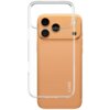 Przezroczyste etui na telefon z trzema wycięciami na aparaty, umieszczone na pomarańczowym telefonie z napisem "CARE" w dolnej części. Etui jest dopasowane do kształtu telefonu, a jego powierzchnia jest gładka i błyszcząca.