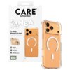 Opakowanie etui PanzerGlass z napisem "CARE by PanzerGlass SAMBA CLEAR For Apple iPhone 17 Pro Max" oraz widocznym przezroczystym etui z białym okręgiem MagSafe. Dodatkowe informacje na opakowaniu to "Traction Grip", "4 Corner Protection", "2.4 meter drop