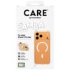 Opakowanie produktu z napisem "CARE by PanzerGlass" oraz "SAMBA CLEAR" zawiera przezroczyste etui do Apple iPhone 17 Pro Max z funkcją MagSafe. Na opakowaniu znajdują się również informacje o ochronie narożników, kompatybilności z MagSafe, testach upadku 
