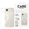 Przezroczyste etui na telefon z białym okręgiem wokół miejsca na aparat, obok opakowanie z napisem "CARE by PanzerGlass SAMBA CLEAR For Apple iPhone 17 Air". Dodatkowe informacje na opakowaniu to: "Traction Grip", "4 Corner Protection", "MagSafe compatibl