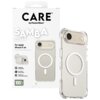 Przezroczyste etui na telefon z białym okręgiem na środku, obok opakowania z napisem "CARE by PanzerGlass SAMBA CLEAR For Apple iPhone 17 Air". Na opakowaniu znajdują się dodatkowe informacje: "Traction Grip", "4 Corner Protection", "MagSafe compatible", 
