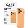 Przezroczyste etui na telefon z trzema wycięciami na aparaty, umieszczone obok opakowania z napisem "CARE by PanzerGlass SLIM X-RAY CASE For Apple iPhone 17 Pro". Na opakowaniu widoczne są dodatkowe informacje: "SOFT SIMPLISTIC DESIGN", "1.2 meter drop te