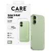Przezroczyste etui na telefon z napisem "CARE by PanzerGlass" oraz "SLIM X-RAY CASE For Apple iPhone 17" na opakowaniu, obok którego widoczny jest zielony telefon z założonym etui. Na opakowaniu znajdują się również informacje: "SOFT SIMPLISTIC DESIGN", "