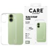 Przezroczyste etui na telefon jest pokazane obok opakowania z napisem: "CARE by PanzerGlass, SLIM X-RAY CASE, For Apple iPhone 17, SOFT SIMPLISTIC DESIGN, 1.2 meter drop tested, Smooth grip, Enhanced camera protection, 100%". Etui jest nałożone na zielony