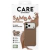 Opakowanie produktu z napisem "CARE by PanzerGlass" oraz "SAMBA ESPRESSO" zawiera brązowe etui na telefon z widocznymi funkcjami: "Traction Grip", "Corner Protection", "MagSafe compatible", "2.4 meter drop tested", "Enhanced camera protection". Produkt pr