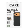 Opakowanie produktu z napisem "CARE by PanzerGlass" oraz "SAMBA BLACK" zawiera zdjęcie czarnego etui na telefon z trzema dużymi otworami na aparaty. Dodatkowe informacje to "For Apple iPhone 17 Pro Max", "MagSafe compatible", "2.4 meter drop tested", "Enh