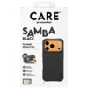 Opakowanie produktu z napisem "CARE by PanzerGlass" oraz "SAMBA BLACK For Apple iPhone 17 Pro", przedstawiające czarne etui na telefon z widocznymi ikonami i tekstami: "TRACTION GRIP + CORNER PROTECTION", "MagSafe compatible", "2.4 meter drop tested", "En