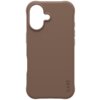 Brązowe etui na telefon z wycięciem na aparat i napisem "CARE" w dolnej części. Etui ma zaokrąglone krawędzie i gładką powierzchnię.