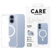 Przezroczyste etui z białym okręgiem na plecach, obok opakowanie z napisem "CARE by PanzerGlass SAMBA CLEAR For Apple iPhone 17". Dodatkowe informacje na opakowaniu to "Traction Grip", "4 Corner Protection", "MagSafe compatible", "2.4 meter drop tested", 