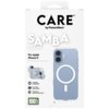 Opakowanie produktu "Etui PANZERGLASS Care Fashionable Samba White MagSafe do Apple iPhone 17 Przezroczysty" z widocznym etui na telefon, które ma okrągły wzór MagSafe. Na opakowaniu znajdują się napisy: "CARE by PanzerGlass", "SAMBA CLEAR", "For Apple iP