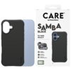 Czarne etui na telefon z wycięciem na aparat, obok opakowanie z napisem "CARE by PanzerGlass™ SAMBA BLACK For Apple iPhone 17". Na opakowaniu znajdują się ikony i teksty: "TRACTION GRIP + CORNER PROTECTION", "MagSafe compatible", "2.4 meter drop tested", 