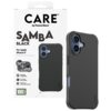 Opakowanie i etui na telefon w kolorze czarnym, z widocznym napisem "CARE by PanzerGlass SAMBA BLACK For Apple iPhone 17". Na opakowaniu znajdują się informacje o kompatybilności z MagSafe, testach upadku z wysokości 2,4 metra oraz wzmocnionej ochronie ka
