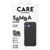Opakowanie produktu z napisem "CARE by PanzerGlass" oraz "SAMBA BLACK For Apple iPhone 17", przedstawiające czarne etui z funkcjami takimi jak "Traction Grip", "Corner Protection", "MagSafe compatible", "2.4 meter drop tested" i "Enhanced camera protectio