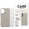 Beżowe etui na telefon z napisem "CARE" na dole, obok opakowanie z tekstem: "CARE by PanzerGlass, SAMBA VANILLA, For Apple iPhone 17, Traction Grip + Corner Protection, MagSafe compatible, 2.4 meter drop tested, Enhanced camera protection, 100%".