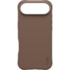 Brązowe etui na telefon z wycięciem na aparat i napisem "CARE" w dolnym rogu. Produkt ma gładką powierzchnię i zaokrąglone krawędzie.