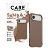 Brązowe etui na telefon z napisem "CARE" jest przedstawione na tle opakowania z tekstem: "CARE by PanzerGlass, SAMBA ESPRESSO, For Apple iPhone 17 Air". Dodatkowe informacje na opakowaniu to: "Traction Grip, +0 Corner Protection, MagSafe compatible, 2.4 m
