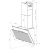 Schematyczny rysunek techniczny okapu kuchennego z wymiarami: szerokość 598 mm, wysokość minimalna 320 mm, maksymalna 620 mm, głębokość 205 mm, oraz inne szczegółowe wymiary poszczególnych elementów. Widoczne są linie i kąty, które przedstawiają konstrukc