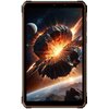 Tablet z czarno-pomarańczową obudową wyświetla grafikę przedstawiającą eksplozję asteroidy w kosmosie, z planetą w tle. Na ekranie nie ma widocznego tekstu ani logo.