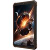 Tablet w kolorze czarno-pomarańczowym z wyświetlaczem przedstawiającym eksplozję meteorytu w kosmosie, z widocznymi planetami w tle. Na bocznej krawędzi urządzenia znajdują się przyciski oraz napis "SIM CARD".