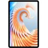 Tablet z wyświetlaczem prezentującym abstrakcyjną grafikę w odcieniach pomarańczowego, niebieskiego i białego, przypominającą spiralny wzór z piórami. Obudowa urządzenia jest w kolorze niebieskim.