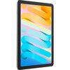 Tablet z zieloną obudową i ekranem wyświetlającym kolorowy wzór złożony z pomarańczowych, żółtych i niebieskich kształtów na jasnym tle. Na krawędzi urządzenia widoczne są otwory głośnika.