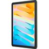 Tablet z zieloną obudową, wyświetlający kolorową grafikę z abstrakcyjnymi, falistymi kształtami w odcieniach pomarańczowego, żółtego, niebieskiego i różowego. Na bocznej krawędzi widoczne są przyciski.