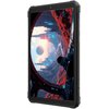 Tablet z wyświetlaczem prezentującym futurystyczny krajobraz z czerwonymi skałami, niebieskimi światłami i dużą planetą na horyzoncie. Na obudowie widoczne są przyciski oraz napis "SIM CARD".
