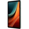 Tablet z zieloną obudową, wyświetlający abstrakcyjną grafikę w odcieniach pomarańczowego i niebieskiego. Na boku urządzenia widoczne są przyciski.