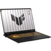 Laptop z otwartym ekranem, na którym widoczny jest wzór z czarnych linii na jasnym tle oraz napisy "TUF" i "ASUS". Klawiatura podświetlona na pomarańczowo, obudowa w ciemnym kolorze.