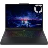 Na zdjęciu widoczny jest laptop z kolorową klawiaturą i ekranem wyświetlającym grafikę przedstawiającą futurystyczne miasto z błyskawicami na niebie. W prawym dolnym rogu ekranu znajduje się logo "Lenovo LEGION".