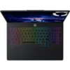 Laptop z otwartym ekranem, na którym widoczna jest grafika z miastem i błyskawicami, oraz podświetlaną klawiaturą w kolorach tęczy. Na obudowie znajduje się napis "Harman" oraz logo "Legion".