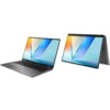 Na zdjęciu widoczne są dwa laptopy w różnych pozycjach, z ekranami wyświetlającymi kolorowy motyw z napisem "ASUS VIVOBOOK". Laptopy mają cienkie ramki i klawiatury w ciemnym kolorze.