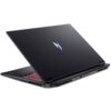 Czarny laptop z podświetlaną klawiaturą, widoczny z boku i tyłu, z logo w kształcie stylizowanej litery "N" na pokrywie. Na krawędzi znajdują się różne porty, w tym USB i HDMI.