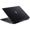 Czarny laptop z kolorowym logo na pokrywie, częściowo otwarty, ukazujący klawiaturę z podświetleniem. Widoczne są porty USB i HDMI na boku urządzenia.