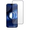 Na zdjęciu widoczny jest smartfon z nałożonym szkłem ochronnym, na ekranie którego wyświetlany jest niebieski wzór z białymi okręgami i ikoną tarczy. Szkło ochronne jest przezroczyste i dopasowane do kształtu ekranu.