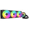 Na zdjęciu widoczne jest chłodzenie CPU z trzema wentylatorami, które emitują kolorowe światło A-RGB. Na środku każdego wentylatora oraz na okrągłym elemencie chłodzenia znajduje się logo z napisem "ARCTIC".