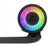 Okrągły element chłodzenia CPU z podświetleniem A-RGB w kolorach tęczy, z widocznym logo "ARCTIC" na środku. Dwa oplecione przewody wychodzą z dolnej części urządzenia.